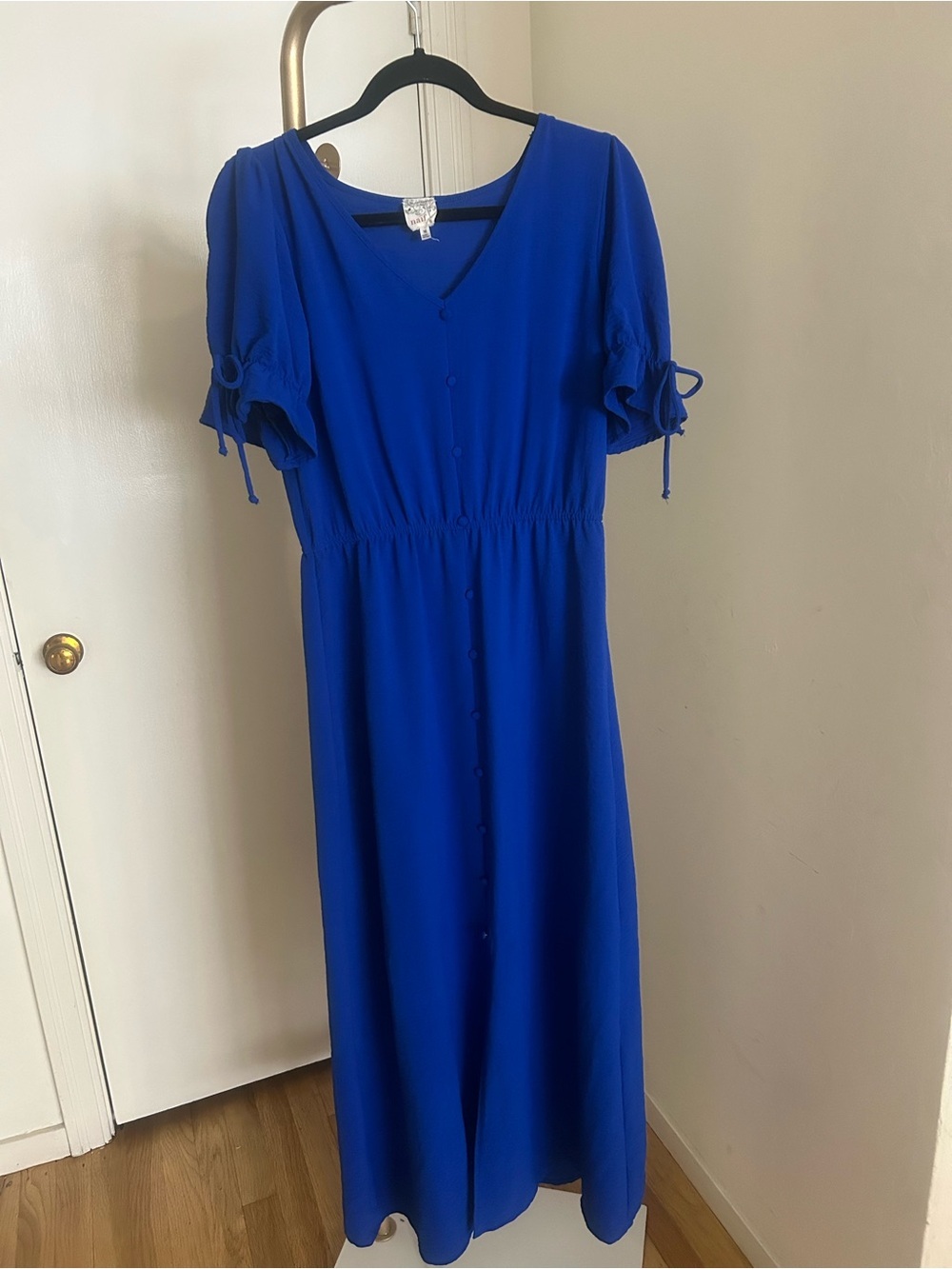 Naif Royal Blue Midi Dress Puff Sleeve Button Front Cottagecore M
